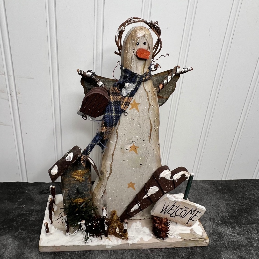 Vintage Wooden Rustic Snowman Figurine | Welcome | Folk Cottage Grandma